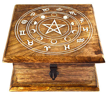 7" X 7" X 3 1/2" Zodiac Moon Phase Wood Box