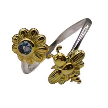 Size 7 Bee And Flower Ring With Blue Topaz