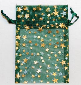 2 3/4" x 3" Green organza pouch w/ Gold Stars